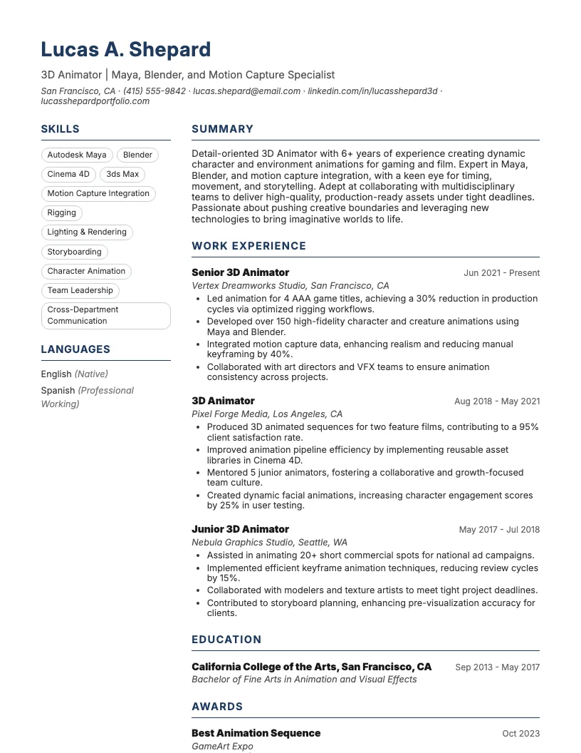 3D Animation Generalist Resume Example