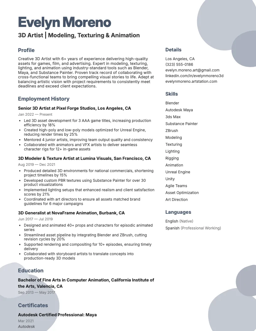 3D Artist Resume Example
