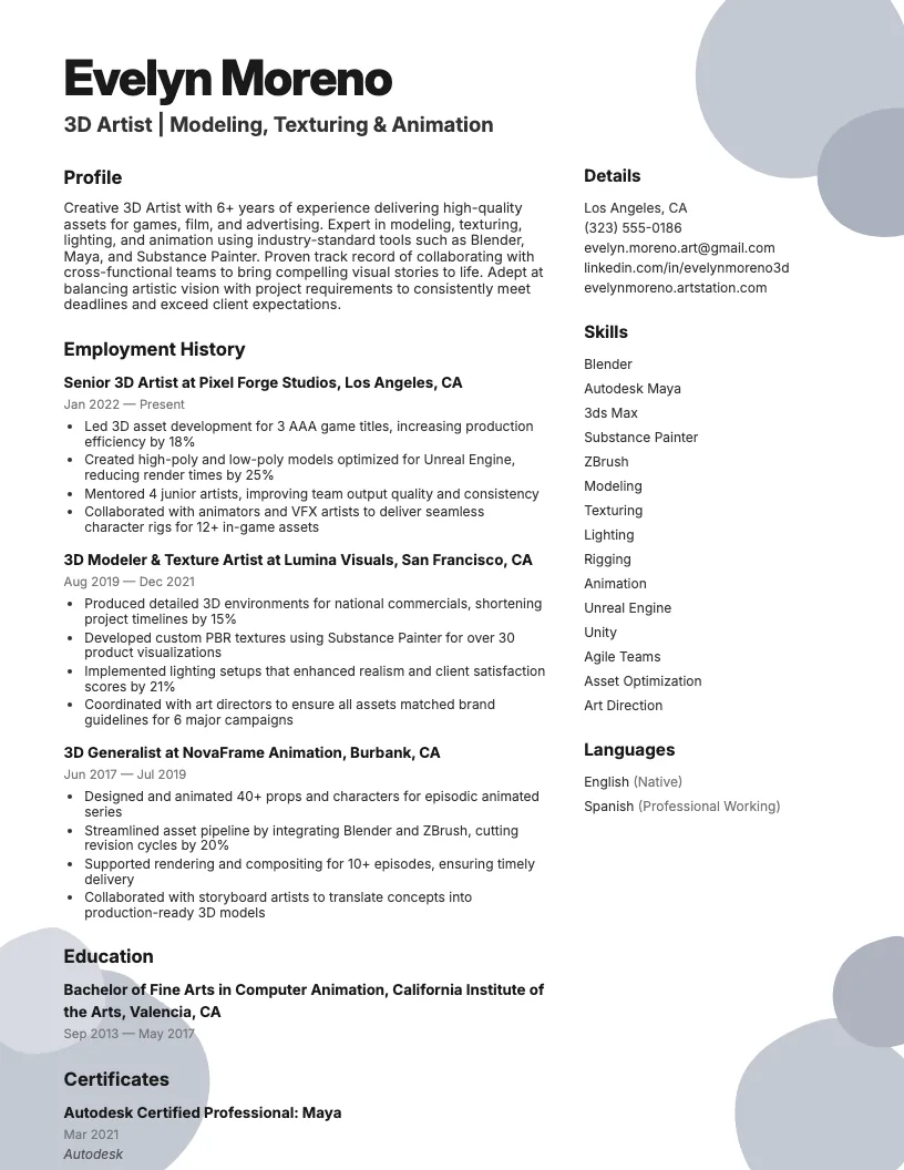 3D Artist Resume Example