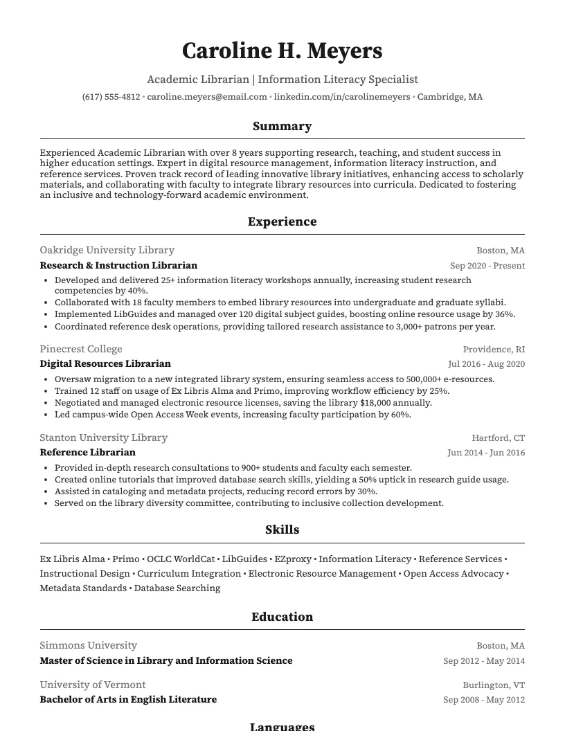 Children's Librarian Resume Example