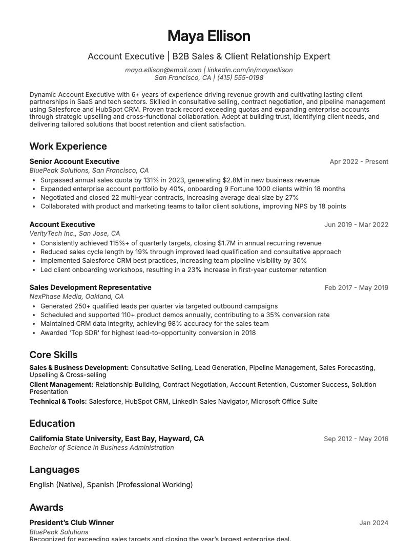Account Executive Resume Example