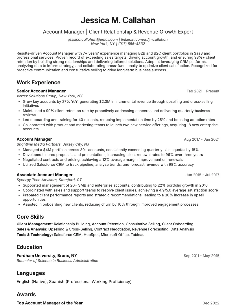 Account Manager Resume Example