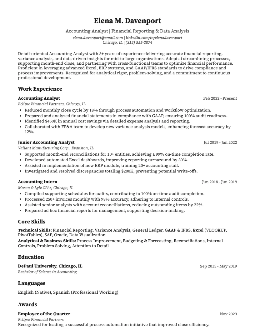 Accounting Analyst Resume Example