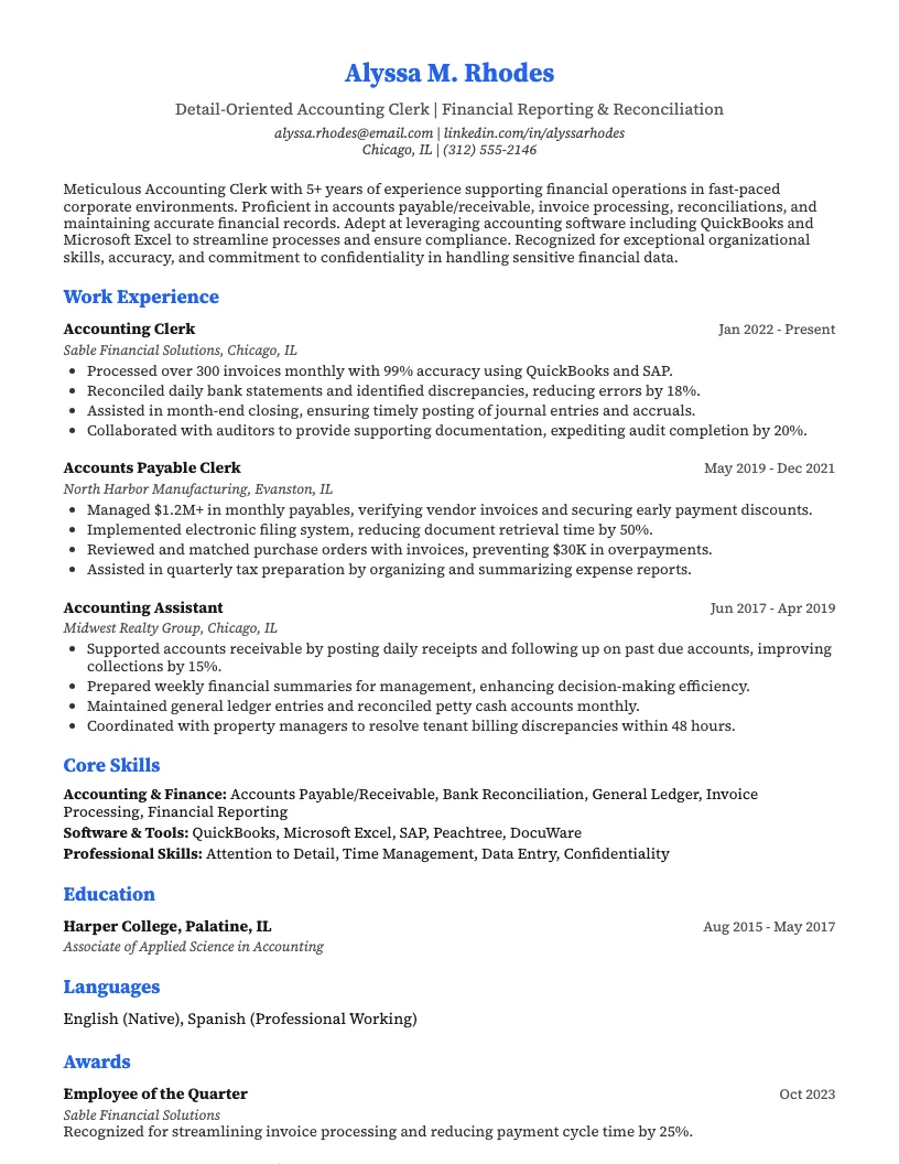 Accounting Clerk Resume Example