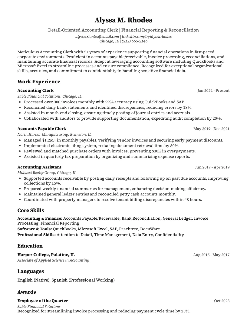 Accounting Clerk Resume Example