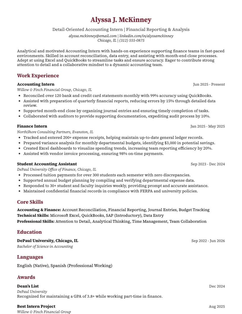 Accounting Intern Resume Example