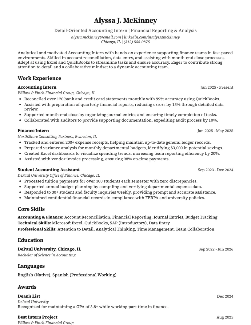 Accounting Intern Resume Example