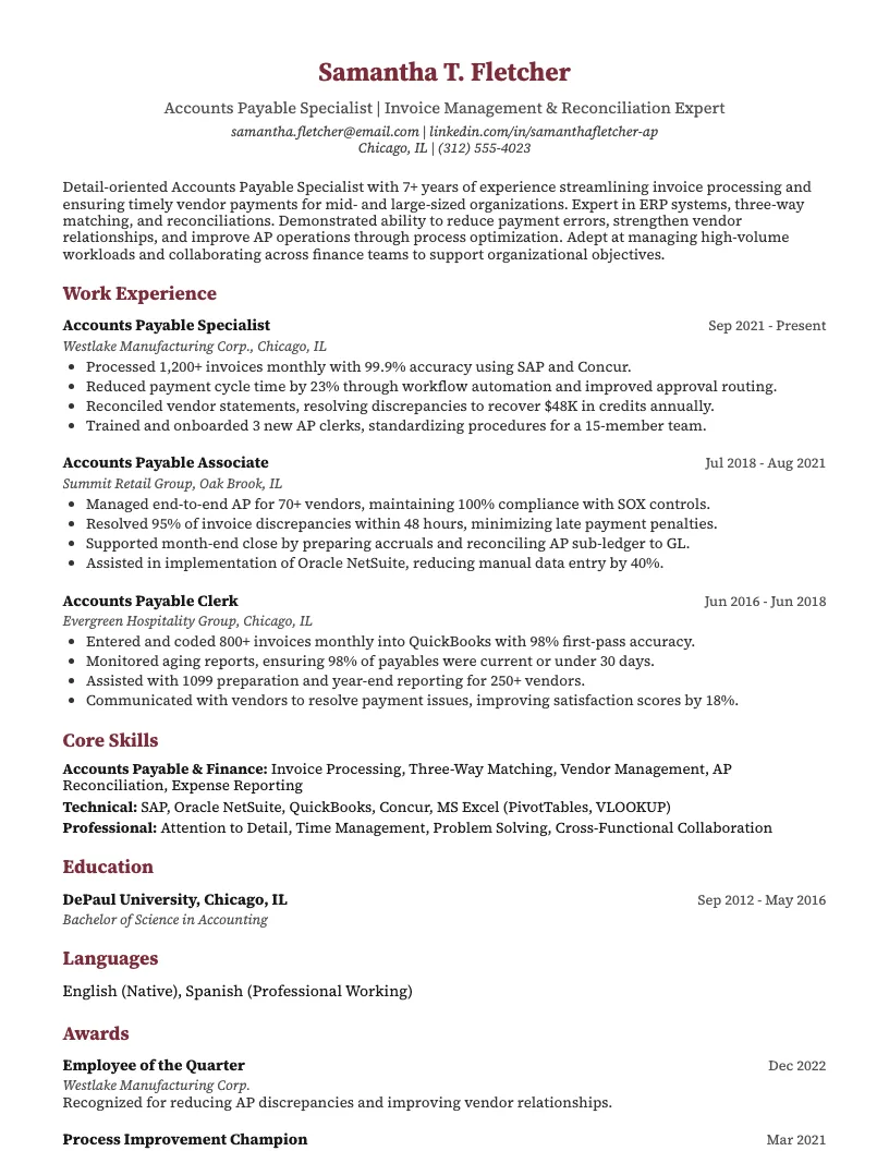 Accounts Payable Specialist Resume Example