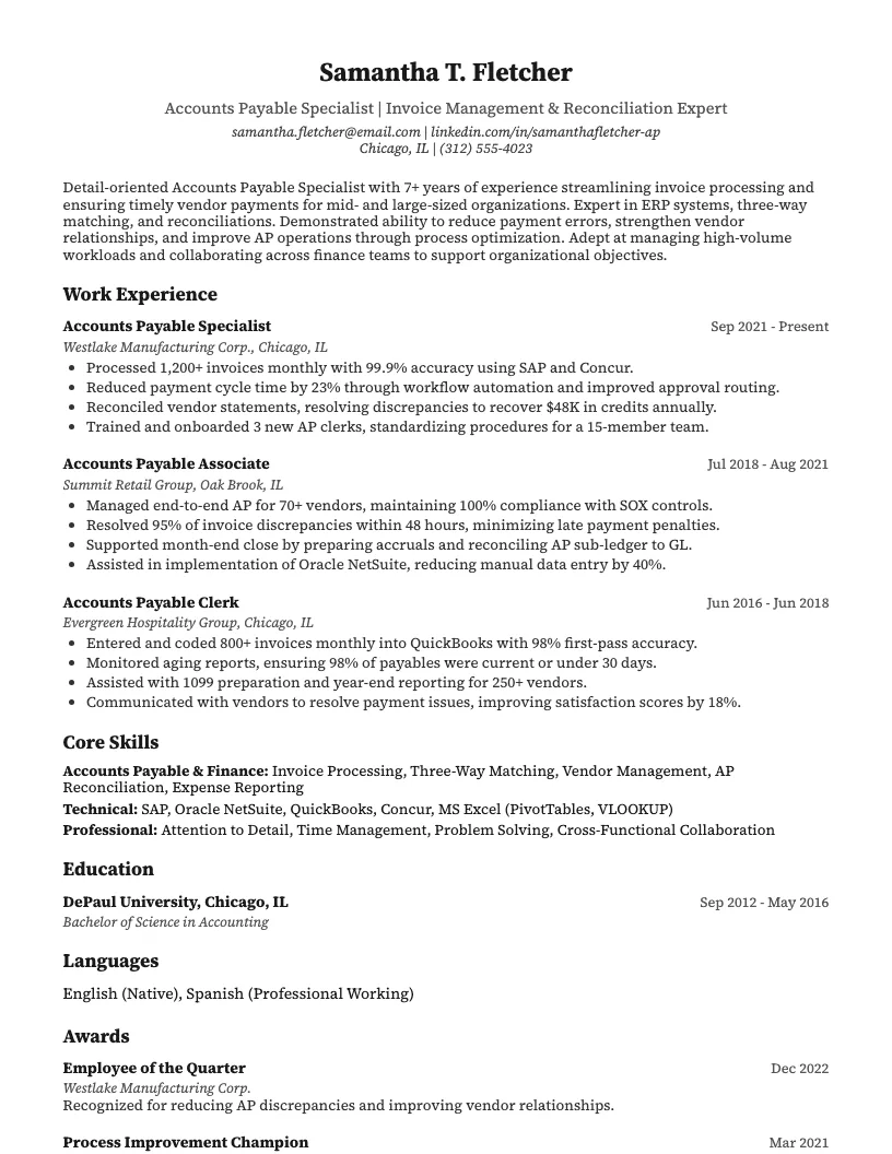 Accounts Payable Specialist Resume Example