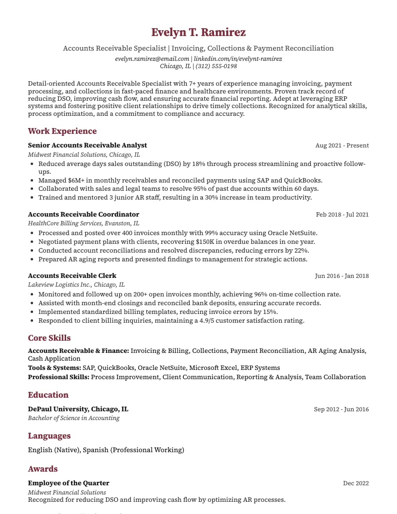Accounts Receivable Clerk Resume Example