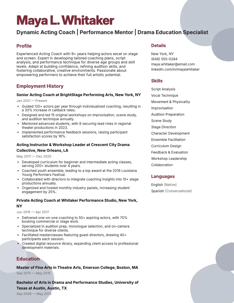 Acting Coach Resume Example