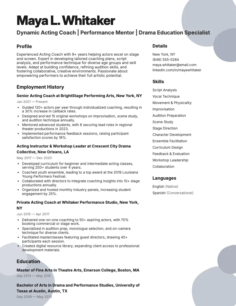 Acting Coach Resume Example