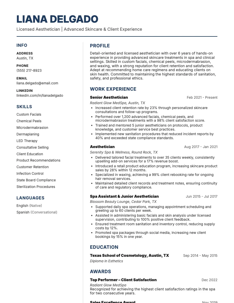 Aesthetician Resume Example