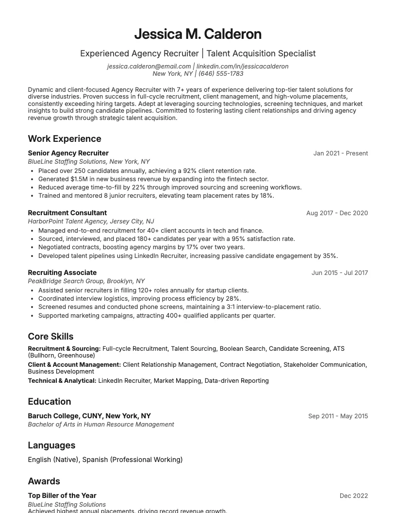 Agency Recruiter Resume Example