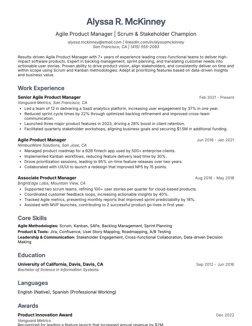 Agile Project Manager resume example