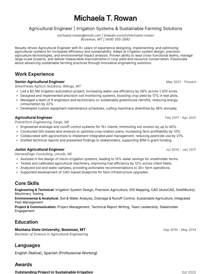 Agricultural Engineer Resume Example