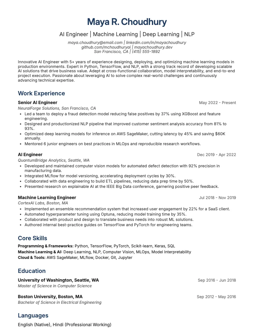 Artificial Intelligence Intern Resume Example