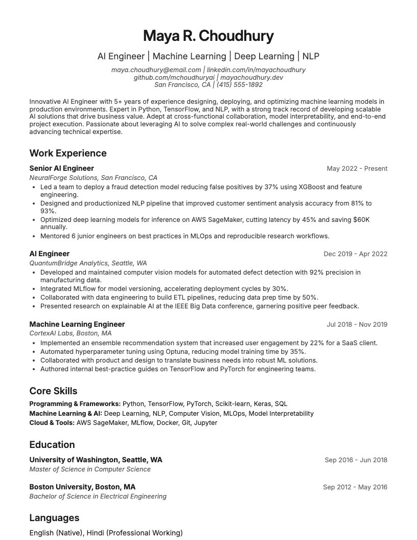 Machine Learning Engineer Intern Resume Example