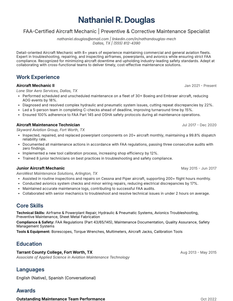 Aircraft Mechanic Resume Example