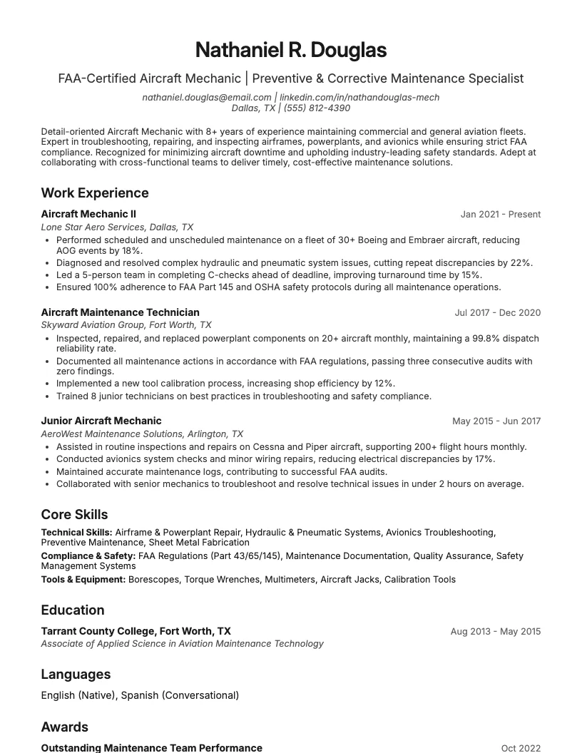 Aircraft Mechanic Resume Example
