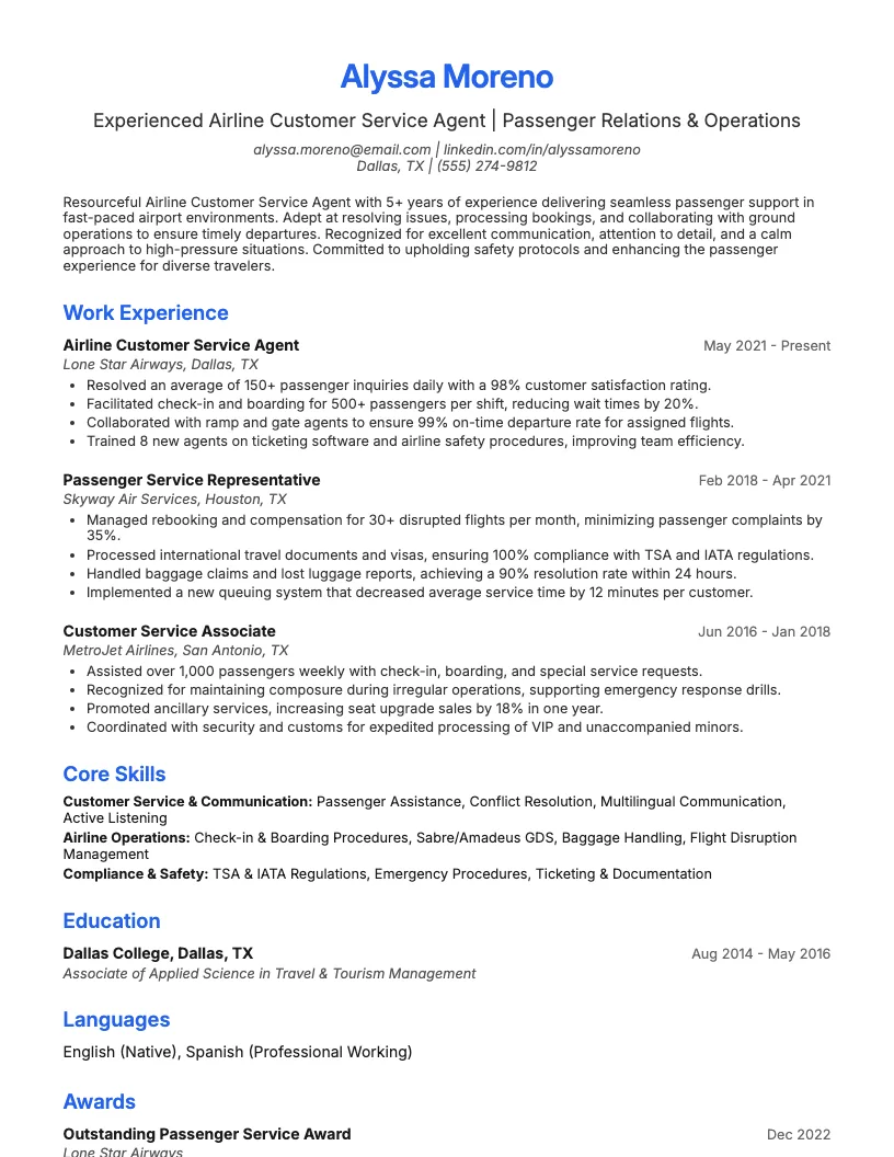 Airline Customer Service Agent Resume Example