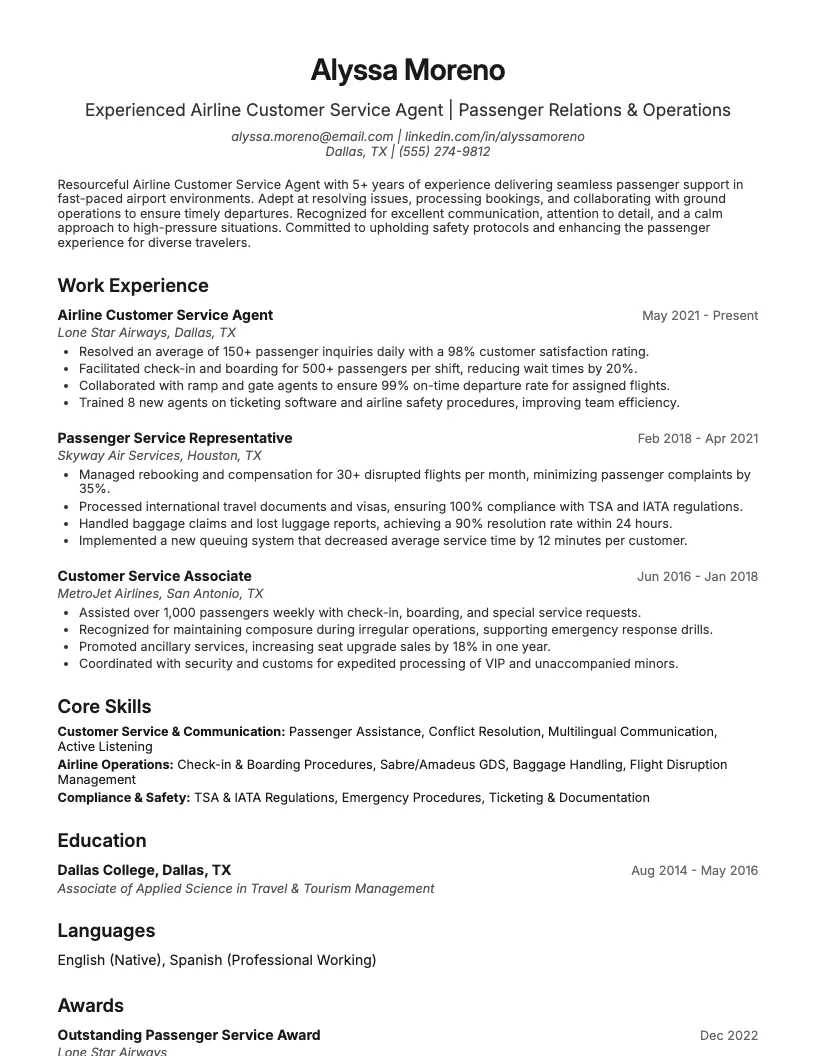 Airline Customer Service Agent Resume Example