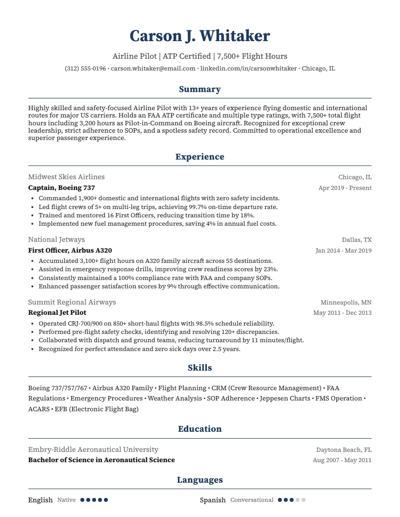 Airline Pilot Resume Example