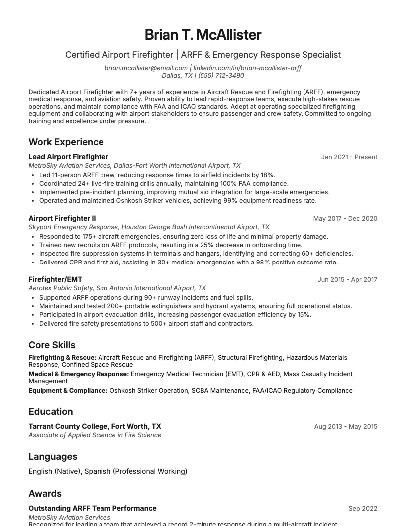Airport Firefighter Resume Example