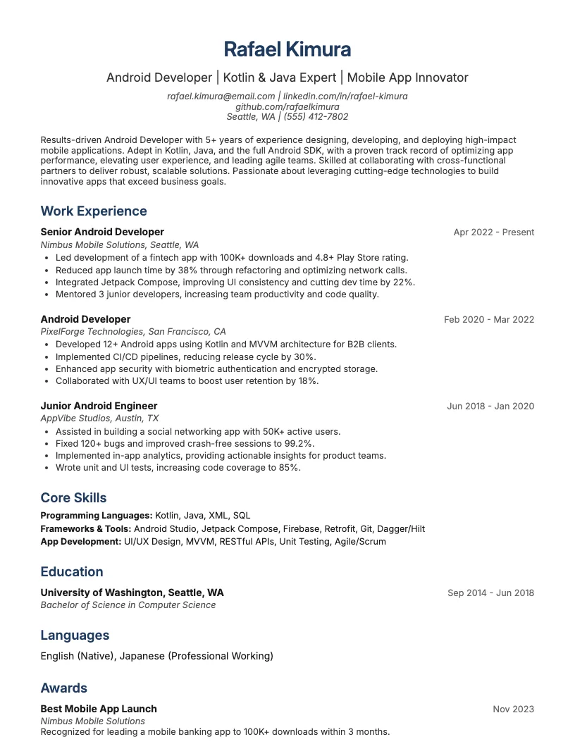 Mobile Application Developer Resume Example