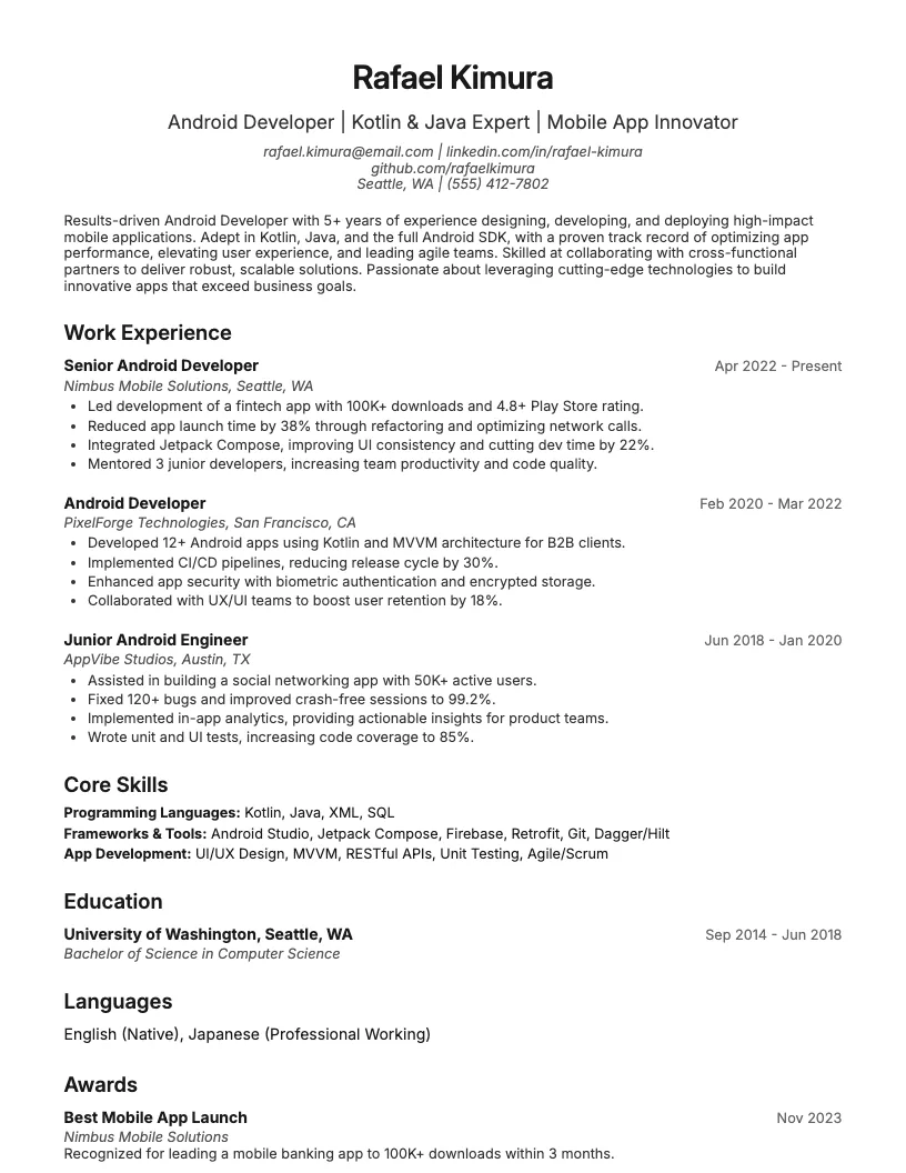 Mobile App Developer Intern Resume Example