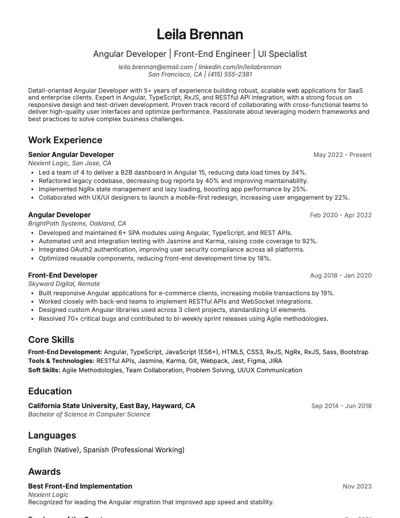 UI Developer Resume Example