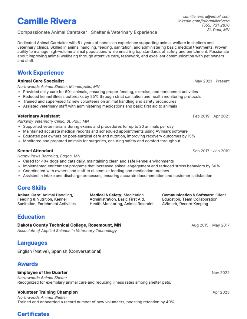 Animal Caretaker Resume Example