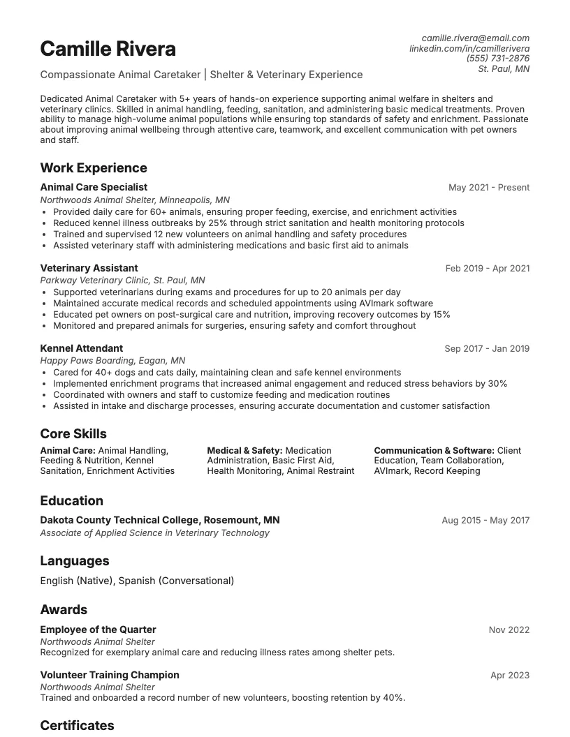 Animal Shelter Volunteer Resume Example