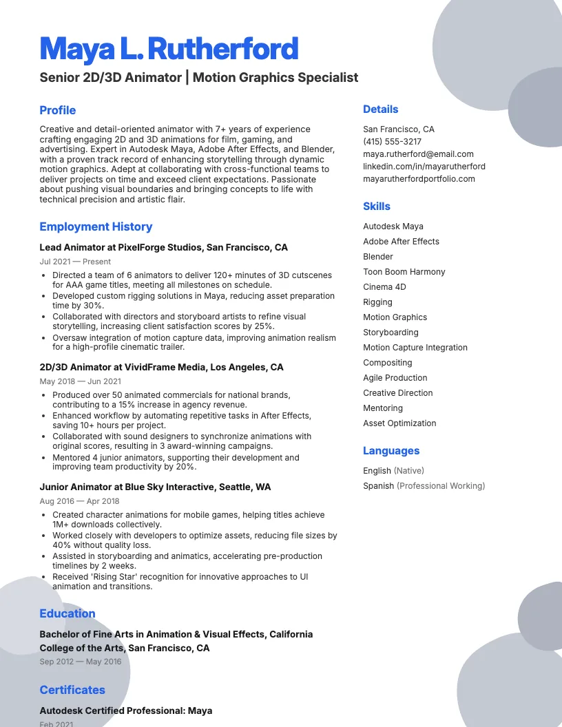 Motion Graphics Designer Resume Example