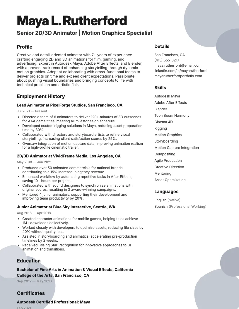Animator resume example