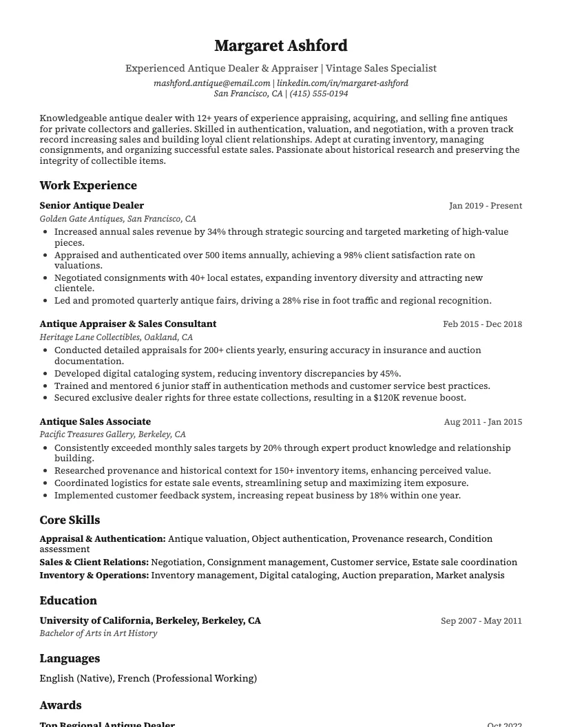 Antique Dealer Resume Example