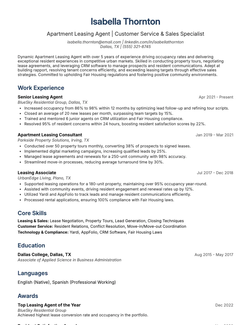Leasing Agent Resume Example