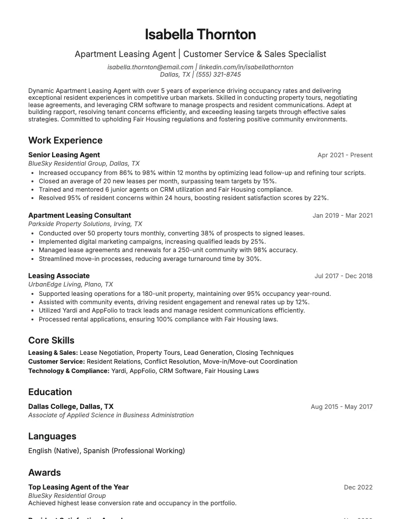 Leasing Agent Resume Example
