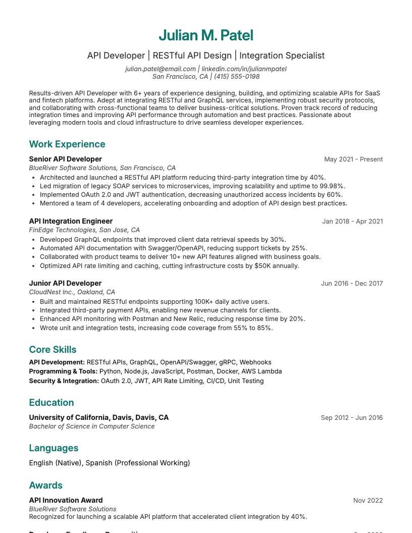 Backend Development Intern Resume Example