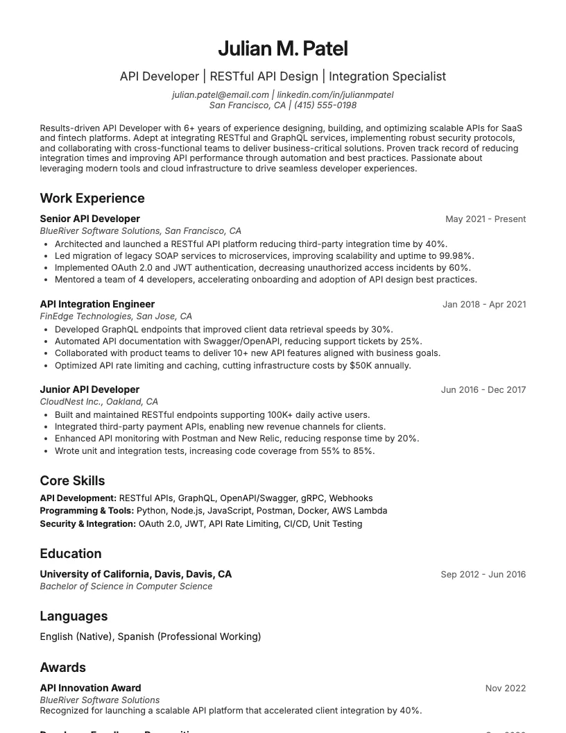 Back End Web Developer Resume Example