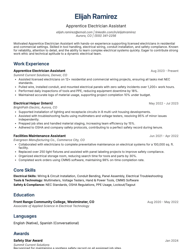 Electrical Helper Resume Example