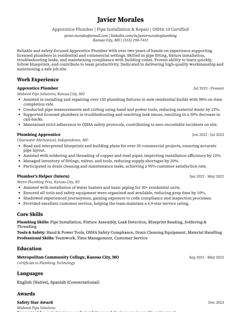 Apprentice Plumber Resume Example