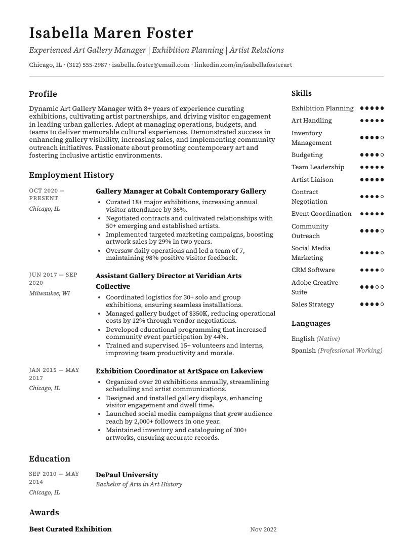 Art Gallery Manager Resume Example