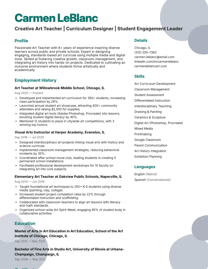 Art Teacher Resume Example