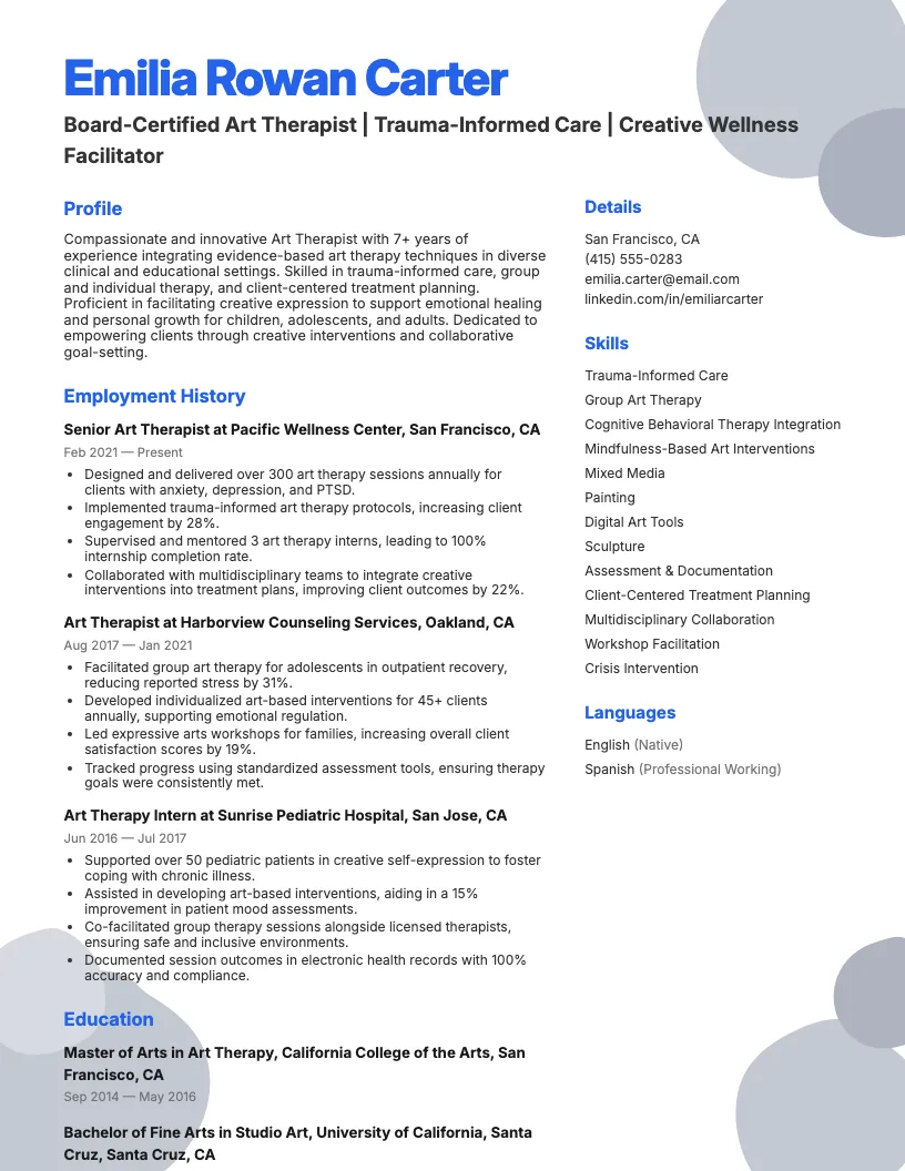 Art Therapist Resume Example