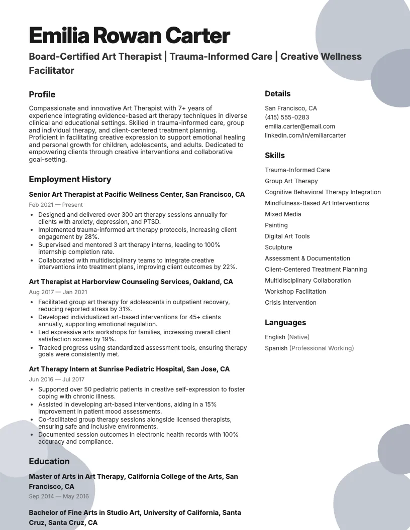 Art Therapist Resume Example