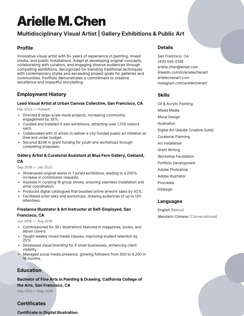 Artist resume example