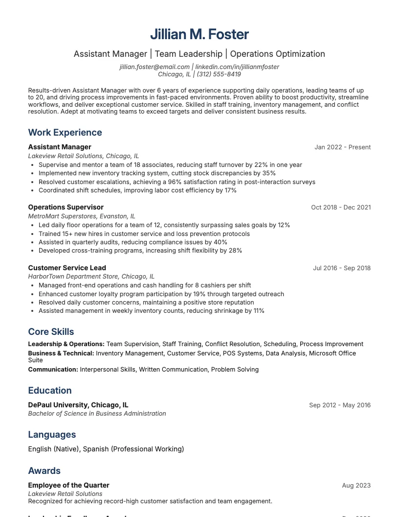 Assistant Manager resume example