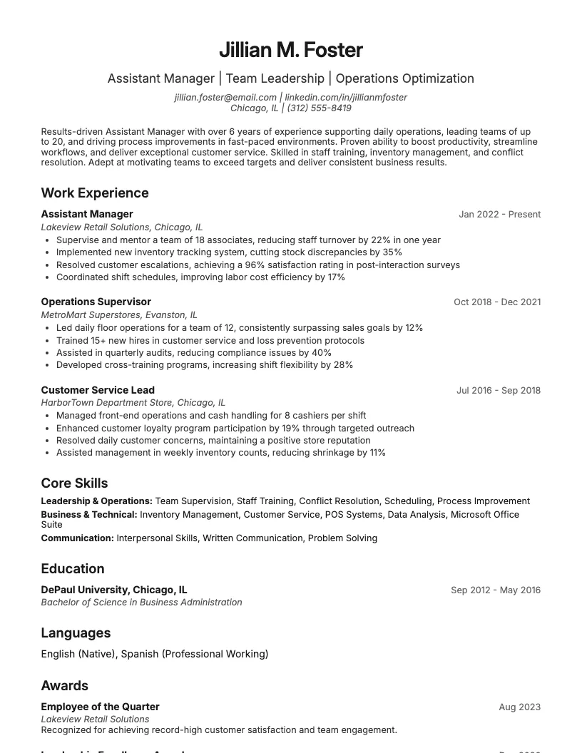 Assistant Manager Resume Example