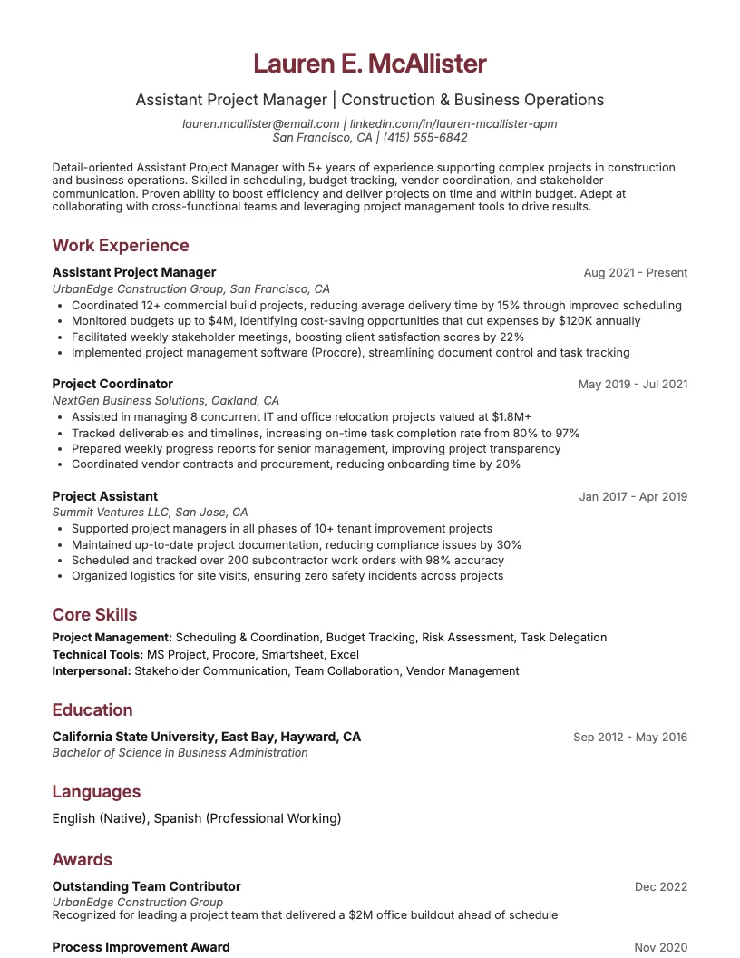 Agile Project Manager Resume Example